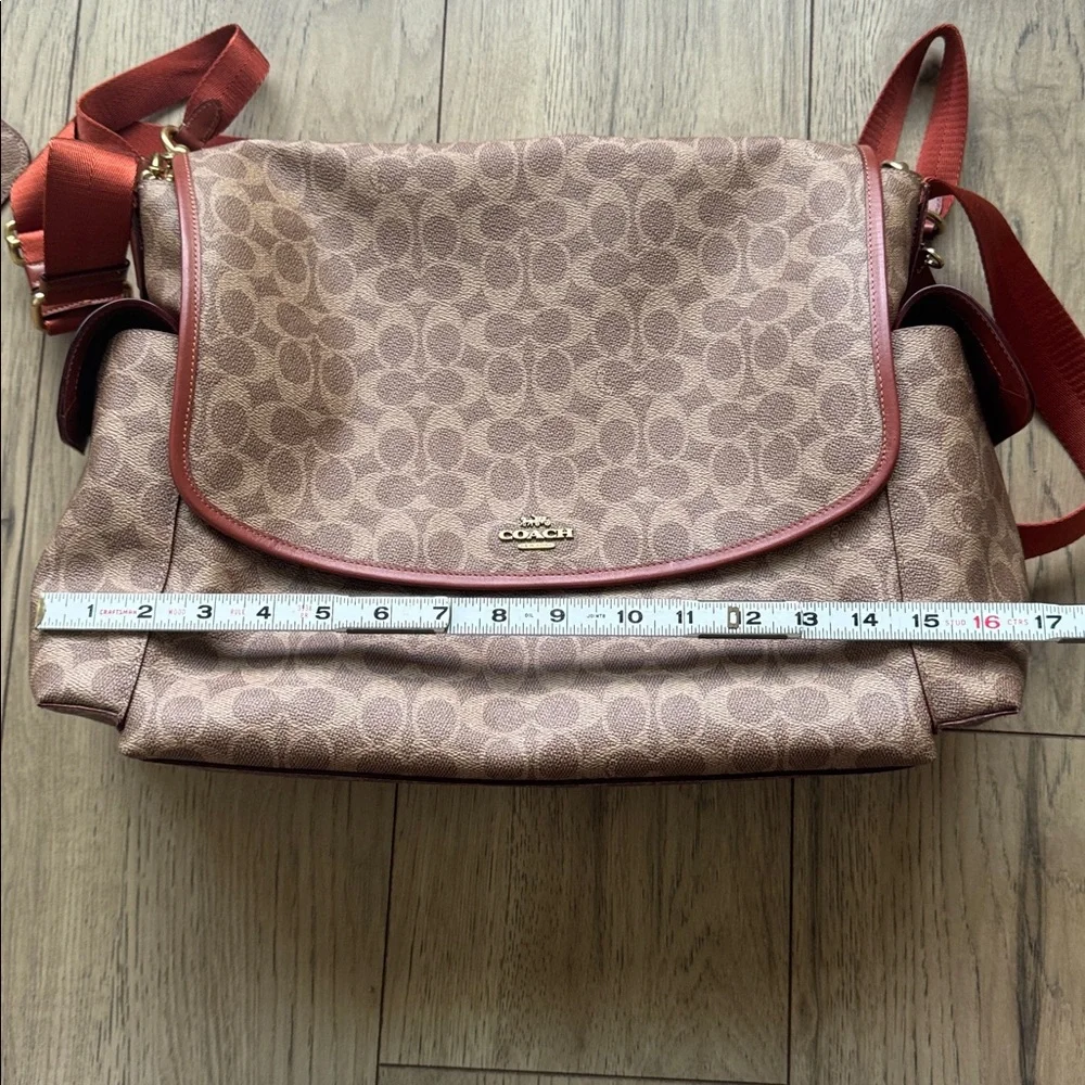 Coach Baby Messenger Bag Signature Canvas C Design Brown Tan With Zipper Pouch